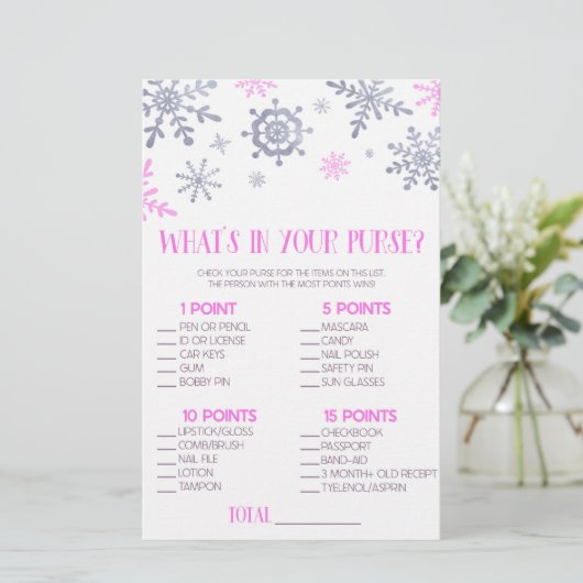 ピンクスノーフレーク財布の赤ちゃんシャワーゲームの中に何がある 便箋 (スタンド正面)