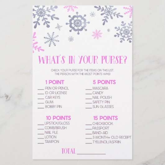ピンクスノーフレーク財布の赤ちゃんシャワーゲームの中に何がある 便箋 (正面)