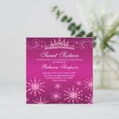 ピンクスノーフレーク&ティアラデザイン誕生日招待状 招待状 (スタンド正面)