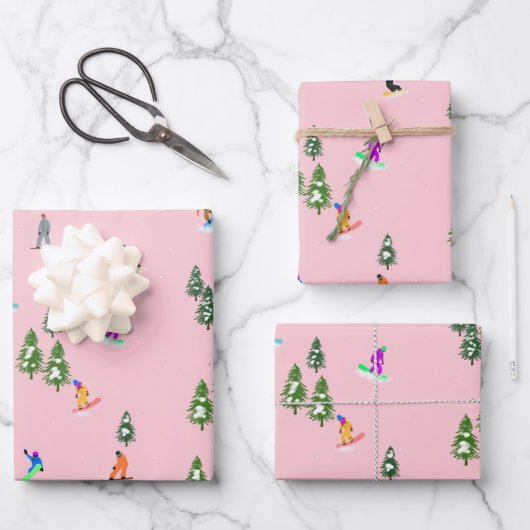 ピンクスノーボーダーズスノーボードイラストレーション ラッピングペーパーシート (正面)