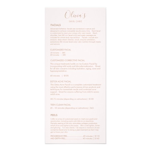 ピンクスパスキンケア白サービス価格メニュー ラックカード (正面)