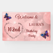 ピンクスパークリパーソナライズされたーバタフライ102番目の誕生日 横断幕 (横)