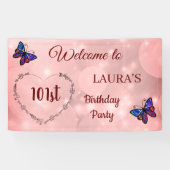 ピンクスパークリーパーソナライズされたバタフライ101番目の誕生日 横断幕 (横)