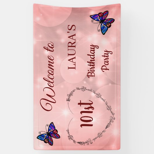 ピンクスパークリーパーソナライズされたバタフライ101番目の誕生日 横断幕 (縦)