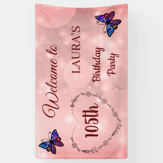 ピンクスパークリーパーソナライズされたバタフライ105誕生日 横断幕 (縦)