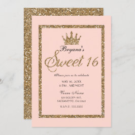 ピンクスパークリー金ゴールドグリッタースウィート16プリンセスクラウン 招待状