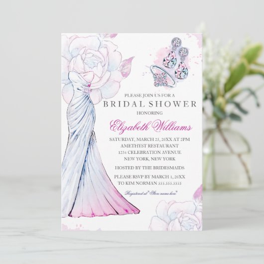 ピンクスパークルクリスタル結婚ズガウンブライダルシャワー 招待状 (スタンド正面)