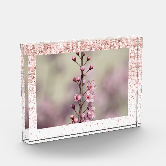 ピンクスパークルグリッターパーソナライズされた写真 フォトブロック (左)