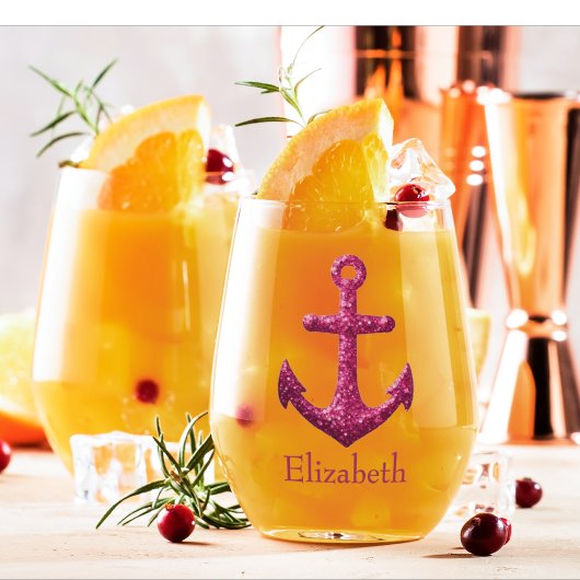 ピンクスパークルグリッター航海のセーリングいかり名 ステムなしワイングラス