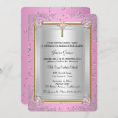 ピンクスパークルジュエルバプテスマ《キリスト教》洗礼式や命名式金ゴールド 招待状 (正面/裏面)