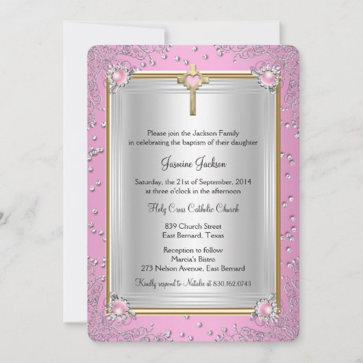 ピンクスパークルジュエルバプテスマ《キリスト教》洗礼式や命名式金ゴールド 招待状 (正面)