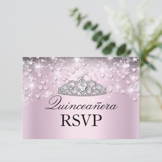 ピンクスパークルティアラ&ハートキンセアニェラRSVP 出欠カード (スタンド正面)
