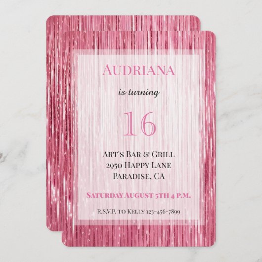 ピンクスパークルティンセルストライプの誕生日21日 招待状 (正面/裏面)