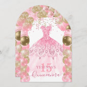 ピンクスパークルドレスキンセアニラバルーン招待状 招待状 (正面/裏面)