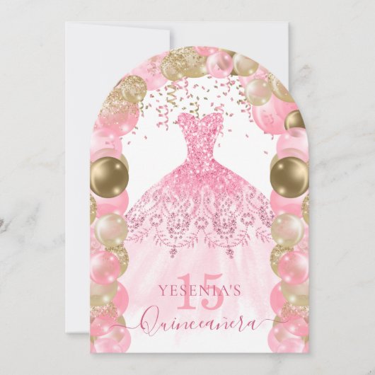 ピンクスパークルドレスキンセアニラバルーン招待状 招待状 (正面)