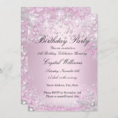 ピンクスパークルハート誕生日招待状 招待状 (正面/裏面)