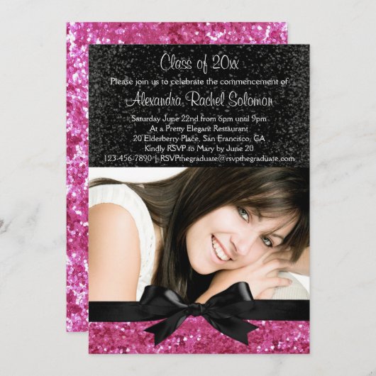 ピンクスパークルルックボウフォト卒業招待状 招待状 (正面/裏面)