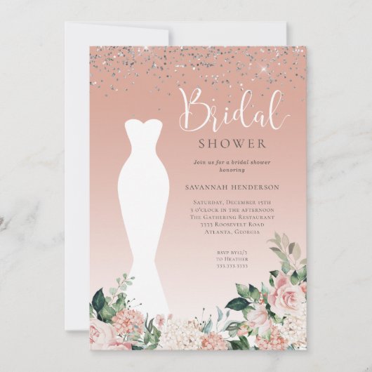 ピンクスパークル結婚フローラのドレスブライダルシャワー 招待状 (正面)