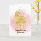 ピンクスパークル金ゴールドユニコーン誕生日 カード (黄色い花)