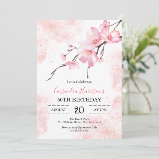 ピンクスプラッシュさくらんぼブロッサムフローラ誕生日 招待状 (スタンド正面)