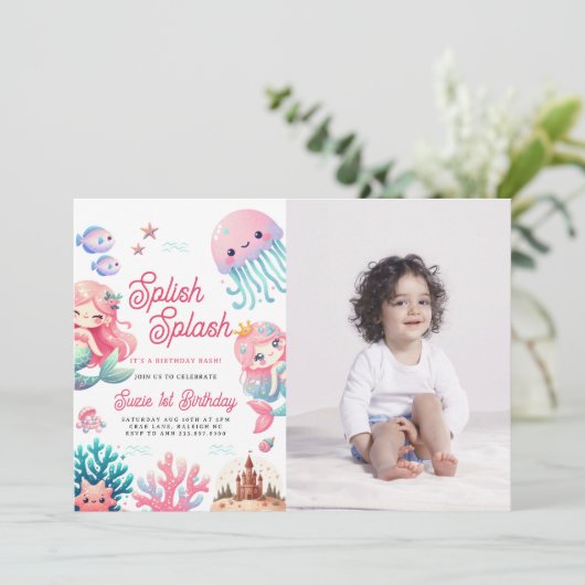 ピンクスプラッシュマーメイドガールバースデーパーティー 招待状 (スタンド正面)
