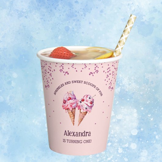 ピンクスプリンクルズガールアイスクリーム1st誕生日 紙コップ