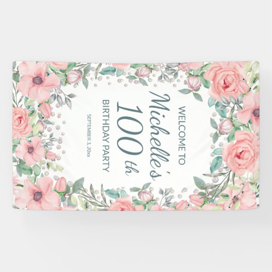 ピンクスプリングタイムフローラ緑の垂直誕生日 横断幕 (横)