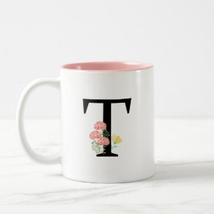 ピンクスプレーという,T字水彩の花のモノグラム ツートーンマグカップ