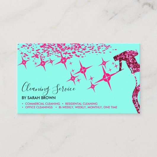 ピンクスプレーティール(緑がかった色)メイドクリーニングハウスきらめく 名刺 (正面)