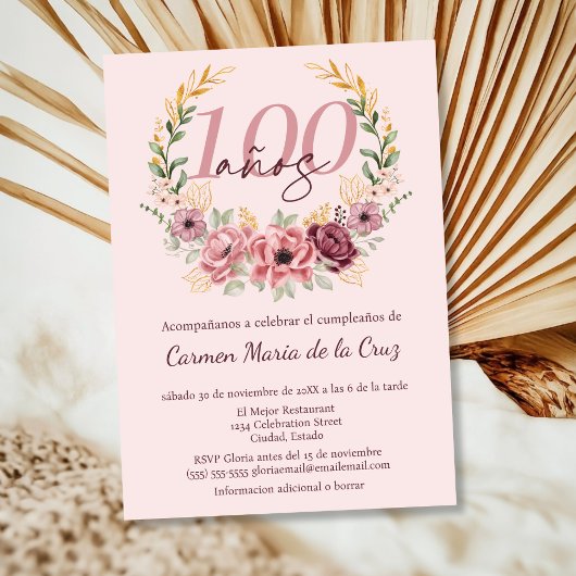 ピンクスペインののエレガントフローラ100th誕生日パーティー 招待状