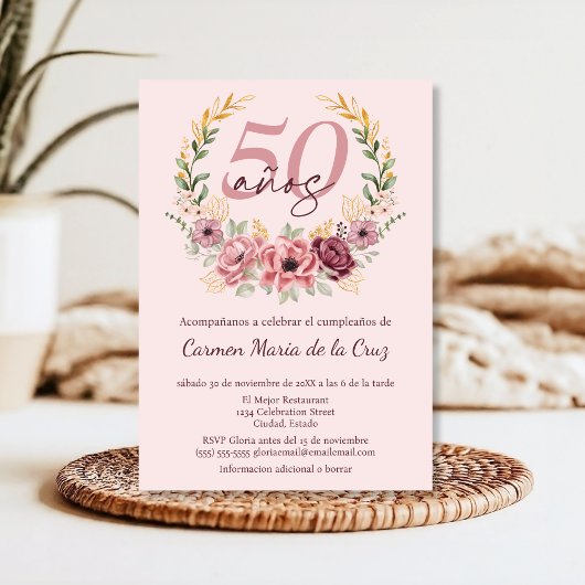 ピンクスペインののエレガントフローラ50th誕生日パーティー 招待状