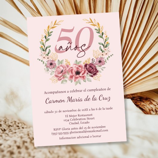 ピンクスペインののエレガントフローラ50th誕生日パーティー 招待状