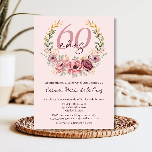 ピンクスペインののエレガントフローラ60th誕生日パーティー 招待状