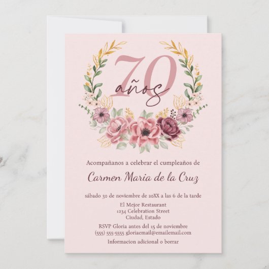 ピンクスペインののエレガントフローラ70th誕生日パーティー 招待状 (正面)