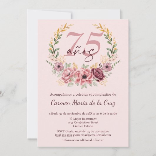 ピンクスペインののエレガントフローラ75th誕生日パーティー 招待状 (正面)