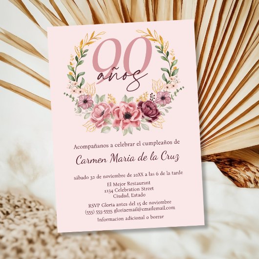 ピンクスペインののエレガントフローラ90th誕生日パーティー 招待状