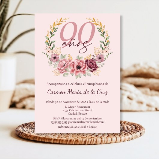 ピンクスペインののエレガントフローラ90th誕生日パーティー 招待状