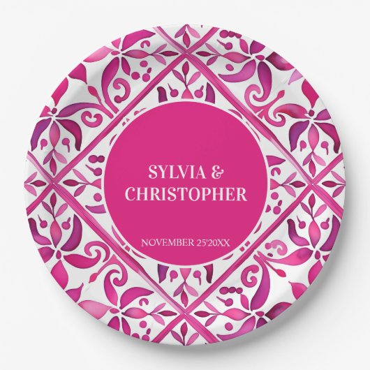 ピンクスペインののタ結婚ラベラのモノグラム ペーパープレート (正面)