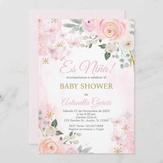 ピンクスペインのの赤ちゃんシャワー 招待状 (正面/裏面)