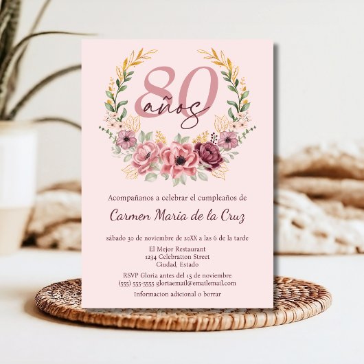 ピンクスペインのエレガントフローラ80th誕生日パーティー 招待状
