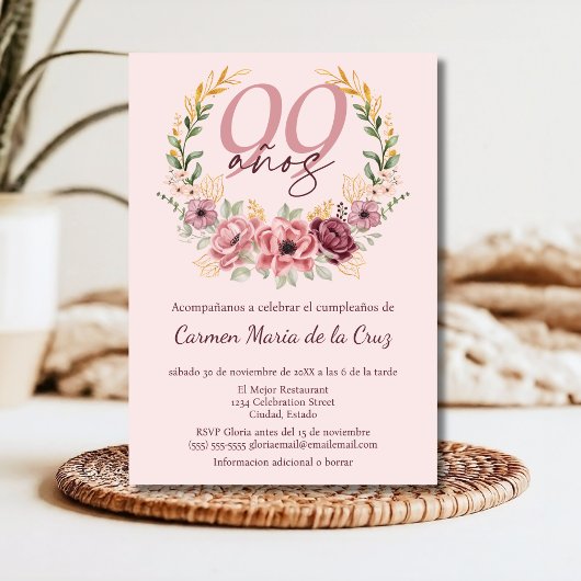ピンクスペインのエレガントフローラ99th誕生日パーティー 招待状