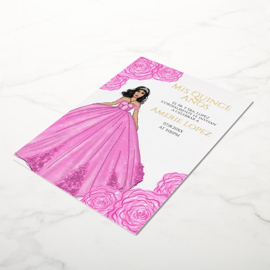 ピンクスペインのキンセアニェラ 箔招待状 (回転した状態)