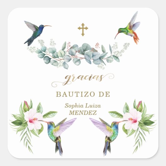 ピンクスペインのハイビスカスフラワーズユーカリプトゥスバウティゾ スクエアシール (正面)