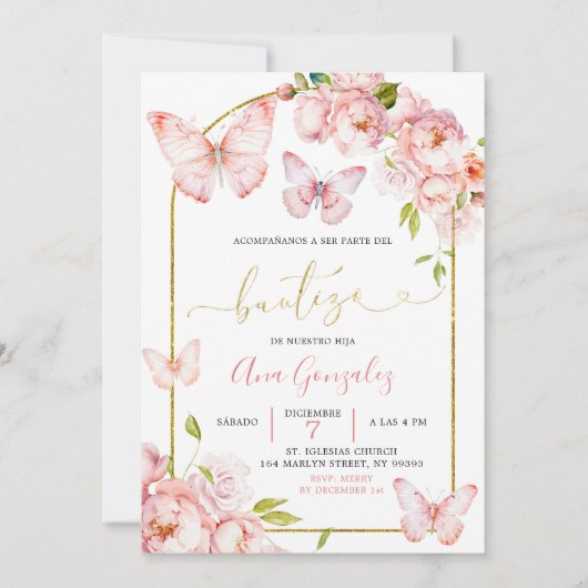 ピンクスペインのピーニーフローラバタフライガールバウティゾ 招待状 (正面)