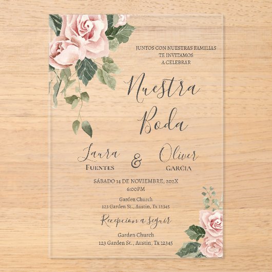 ピンクスペインのフローラ結婚ズ アクリル招待状 (正面)