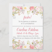 ピンクスペインのフローラ花バラ誕生日招待状。 招待状 (正面)