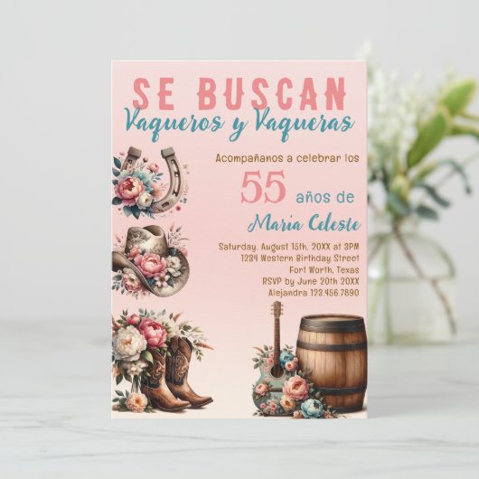 ピンクスペインのフローラ西カウボーイ55誕生日 招待状 (スタンド正面)