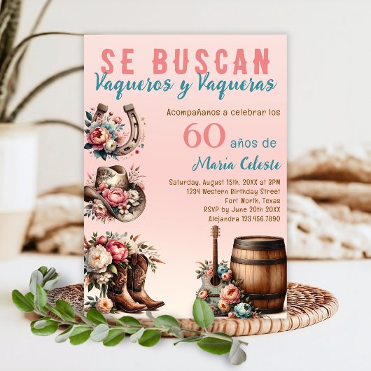 ピンクスペインのフローラ西カウボーイ60誕生日 招待状