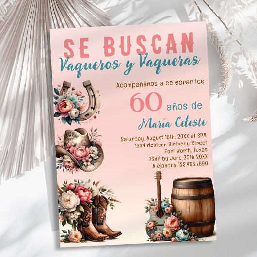 ピンクスペインのフローラ西カウボーイ60誕生日 招待状