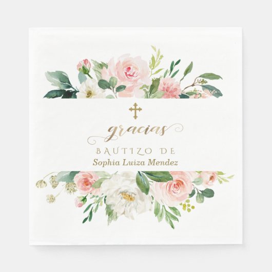 ピンクスペインのホワイトアイボリー花金ゴールドガールバウティゾ スタンダードランチョンナプキン (正面)